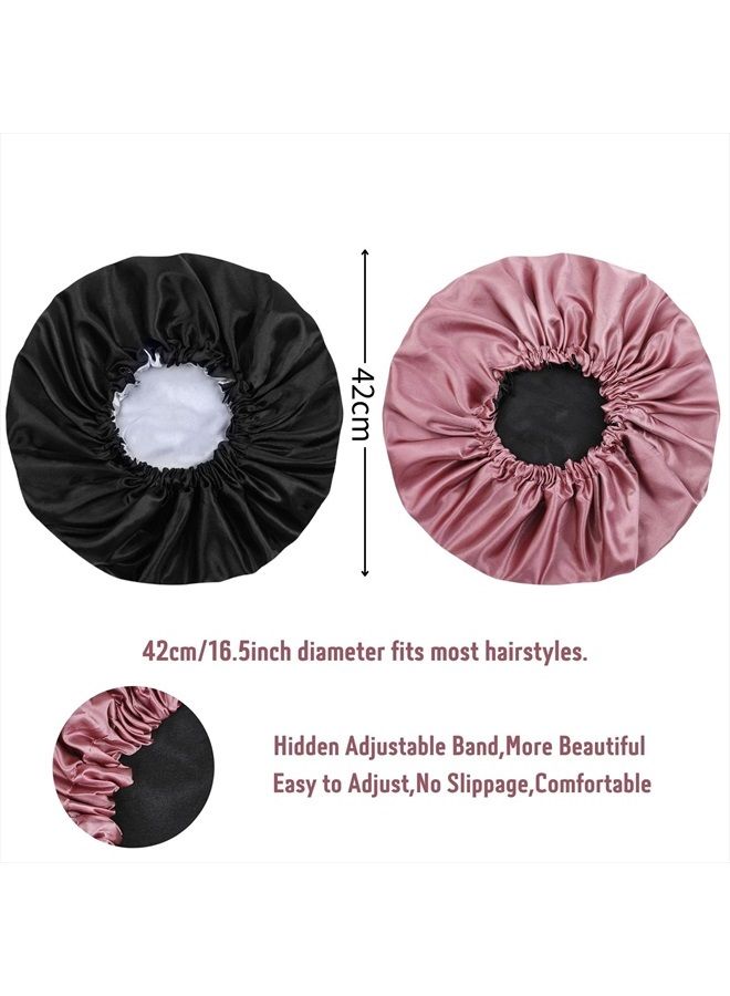 Cospack Satin Bonnet Silk Hair Cap: 2pcs Double Layer Reversible Extra Large Jumbo Adjustable Satin Lined Stainless Oversized Bonnets Sleep Night Cap No Slip-Off for Women Braids Sleeping (Black+Rosegold) - Image 3