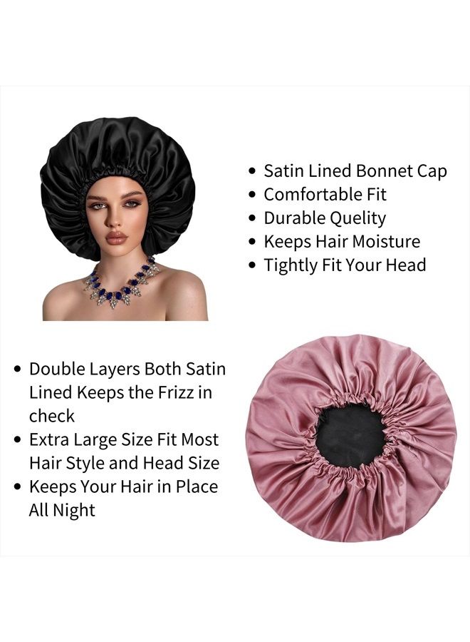 Cospack Satin Bonnet Silk Hair Cap: 2pcs Double Layer Reversible Extra Large Jumbo Adjustable Satin Lined Stainless Oversized Bonnets Sleep Night Cap No Slip-Off for Women Braids Sleeping (Black+Rosegold) - Image 5