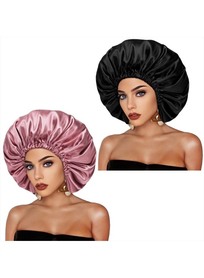 Cospack Satin Bonnet Silk Hair Cap: 2pcs Double Layer Reversible Extra Large Jumbo Adjustable Satin Lined Stainless Oversized Bonnets Sleep Night Cap No Slip-Off for Women Braids Sleeping (Black+Rosegold) - Image 2