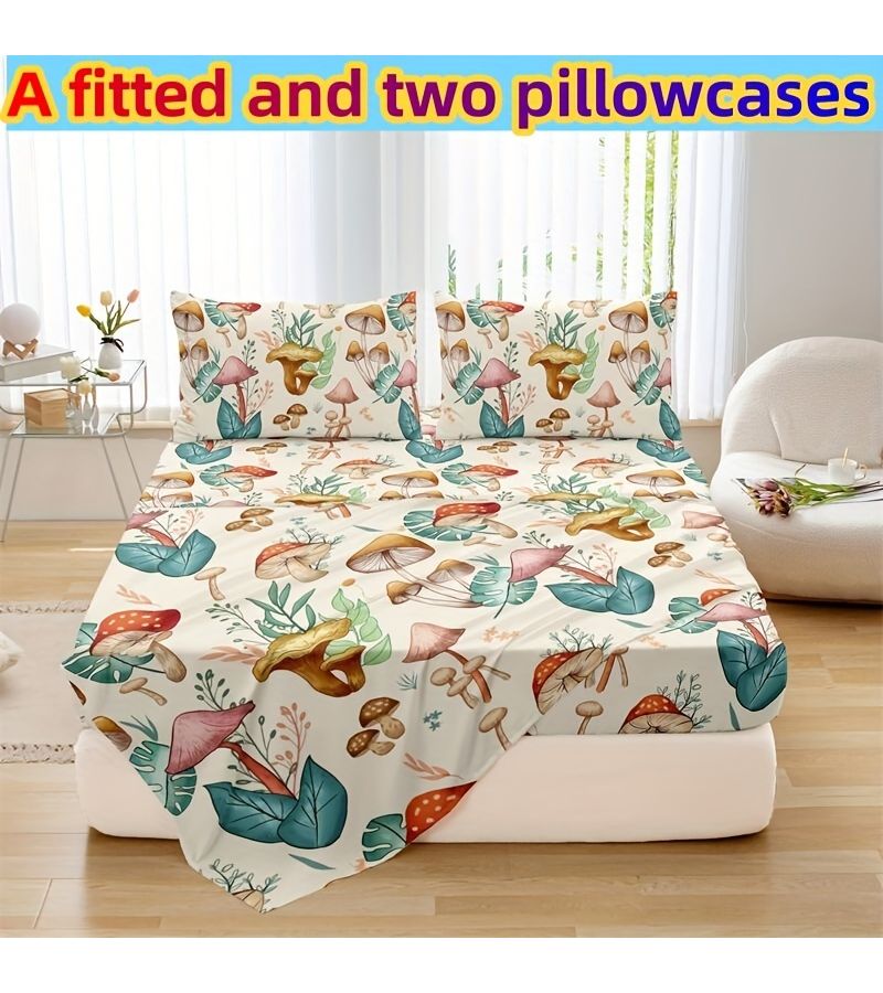 Light Yellow Mushroom Print Fitted Sheet Set With Pillowcases 3 Piece - Image 1