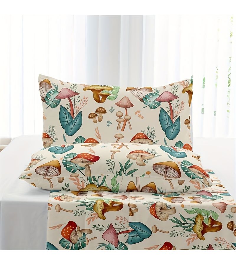 Light Yellow Mushroom Print Fitted Sheet Set With Pillowcases 3 Piece - Image 5