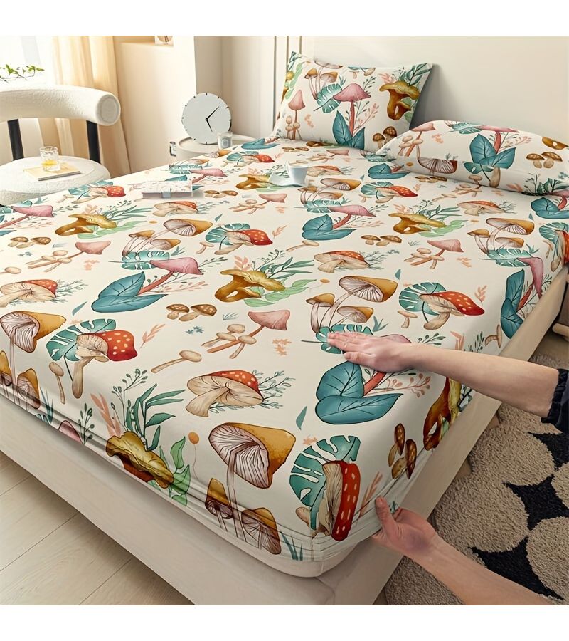 Light Yellow Mushroom Print Fitted Sheet Set With Pillowcases 3 Piece - Image 2