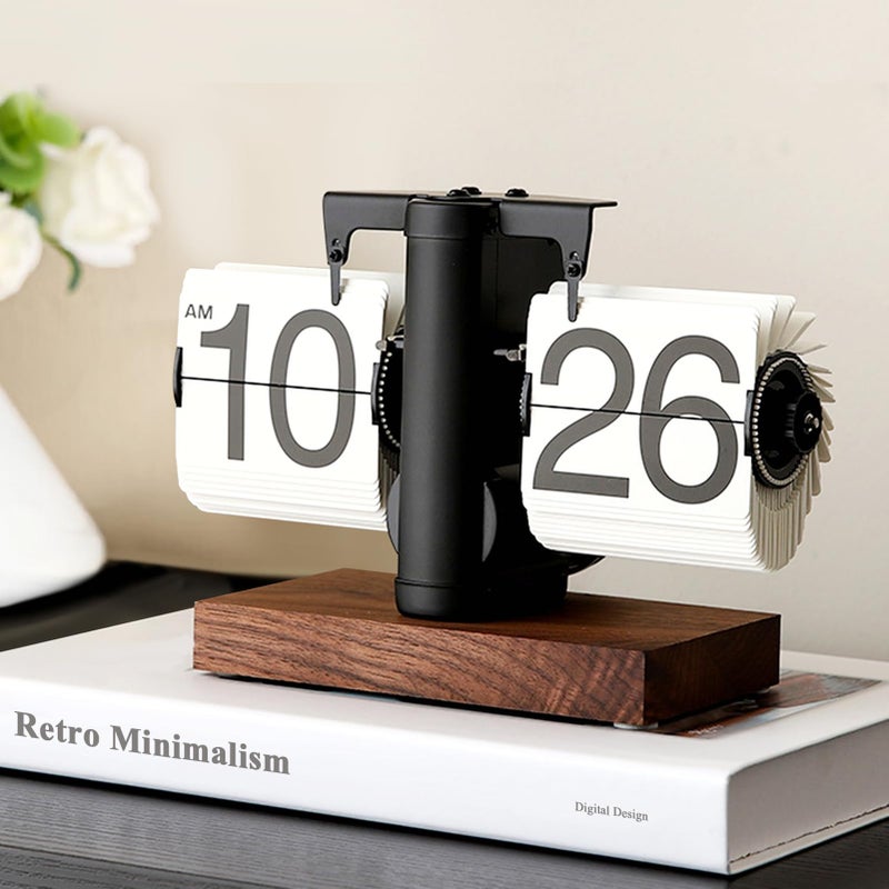 FOSA Flip Desk Clock, Retro Vintage Flip Desk Table Clock, Digital Sided Large Numbers Mechanical Flip Clock Wood Base for Living Room, Study Room and Officeï¼ˆBlackï¼‰ - Image 2