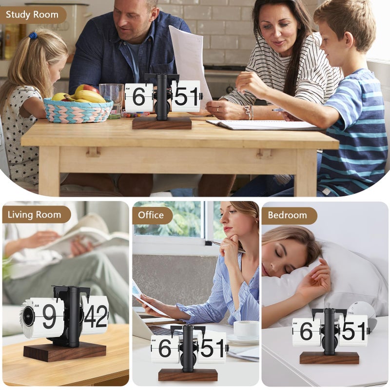 FOSA Flip Desk Clock, Retro Vintage Flip Desk Table Clock, Digital Sided Large Numbers Mechanical Flip Clock Wood Base for Living Room, Study Room and Officeï¼ˆBlackï¼‰ - Image 5