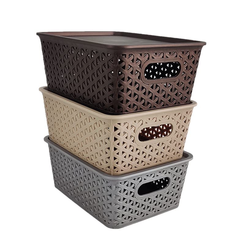 Homestrap Set Of 3 Plastic Storage Organizers/Baskets With Lid For Kitchen, Clothes, Multipurpose Vegetables, Toys, Books, Office, Stationery, Wardrobe(Medium| Biscuit, Grey, Brown) - Image 1