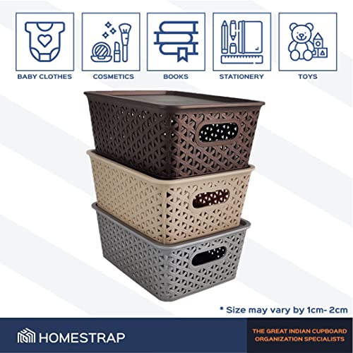 Homestrap Set Of 3 Plastic Storage Organizers/Baskets With Lid For Kitchen, Clothes, Multipurpose Vegetables, Toys, Books, Office, Stationery, Wardrobe(Medium| Biscuit, Grey, Brown) - Image 4