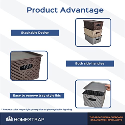 Homestrap Set Of 3 Plastic Storage Organizers/Baskets With Lid For Kitchen, Clothes, Multipurpose Vegetables, Toys, Books, Office, Stationery, Wardrobe(Medium| Biscuit, Grey, Brown) - Image 3