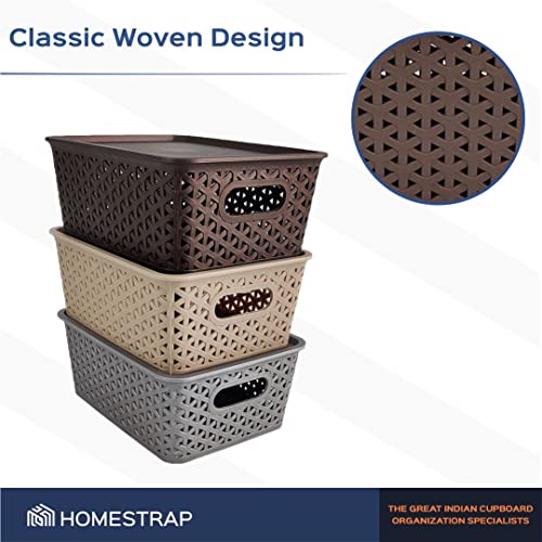 Homestrap Set Of 3 Plastic Storage Organizers/Baskets With Lid For Kitchen, Clothes, Multipurpose Vegetables, Toys, Books, Office, Stationery, Wardrobe(Medium| Biscuit, Grey, Brown) - Image 5
