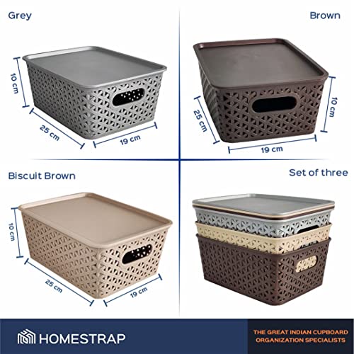 Homestrap Set Of 3 Plastic Storage Organizers/Baskets With Lid For Kitchen, Clothes, Multipurpose Vegetables, Toys, Books, Office, Stationery, Wardrobe(Medium| Biscuit, Grey, Brown) - Image 2