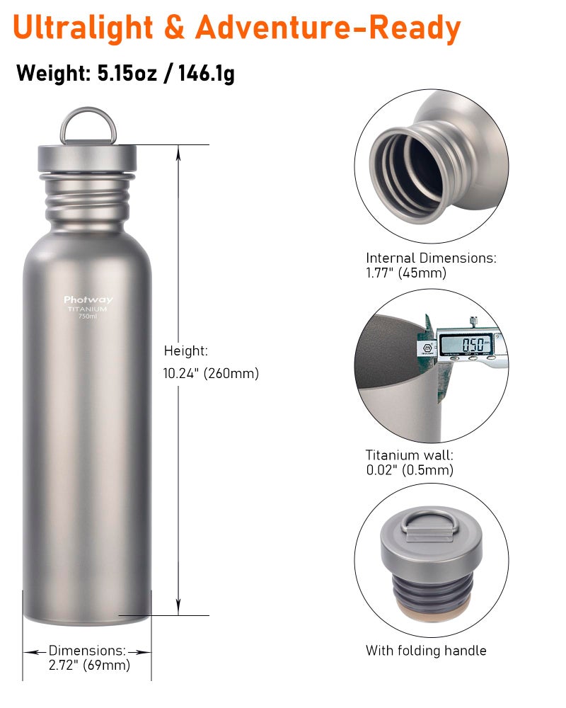 photway 25oz Titanium Water Bottle, Ultralight Single Wall Titanium Flask for Boiling Water, Leakproof Sports Bottle for Camping, Hiking, Cycling & Outdoor Use - Image 3