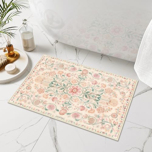 Uphome Boho Bath Mat Beige Floral Small Bathroom Rugs Ultra Soft NonSlip Vintage Bath Mats Machine Washable Farmhouse Floral Bath Rugs for Bathroom Toilet Sink Tub 18x26 inch - Image 1