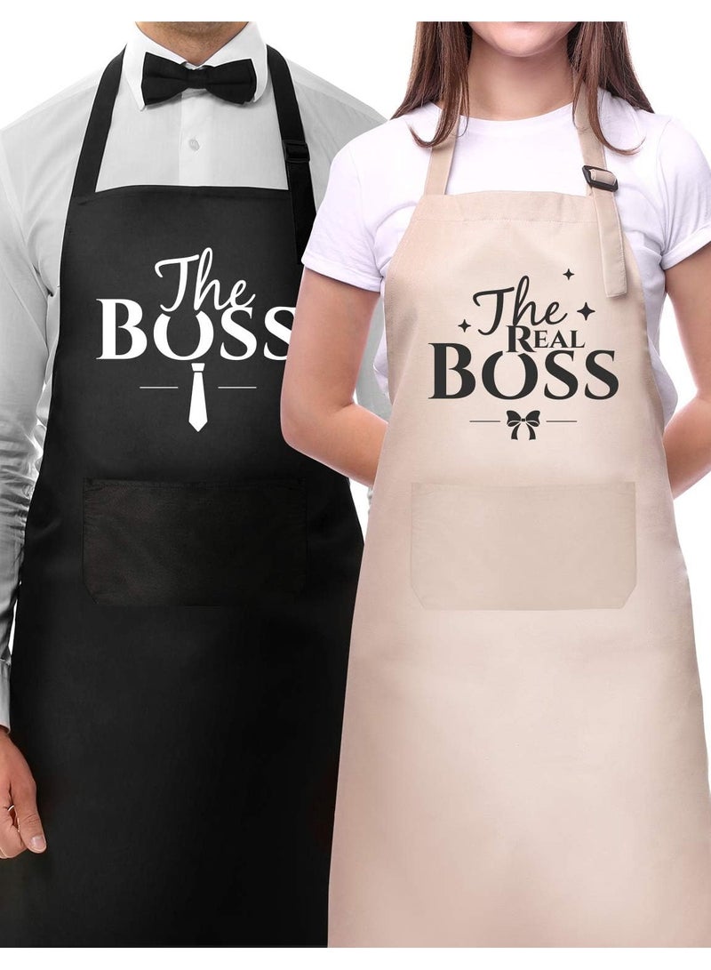 Genrics Couple Aprons for Cooking-The Boss The Real Boss Apron Set Funny Adjustable Baking Aprons His and Her Engagement Anniversary Wedding Valentines Day Bridal Shower Gift - Image 1