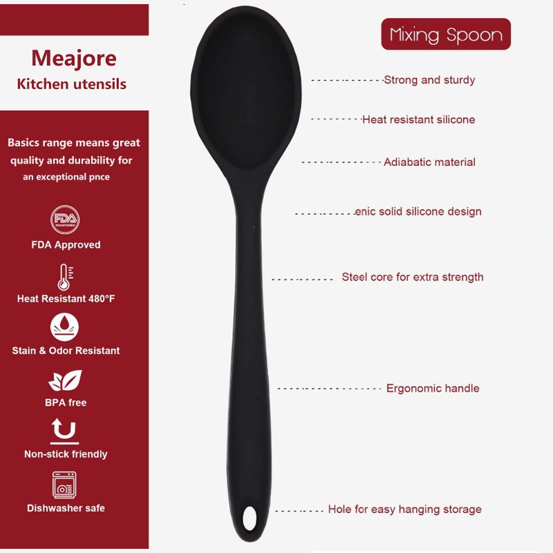 Meajore 2 Pcs Silicone Spoons for Cooking Heat Resistant, Hygienic Design Cooking Utensi Mixing Spoons for Kitchen Cooking Baking Stirring Mixing Tools (Black) - Image 2