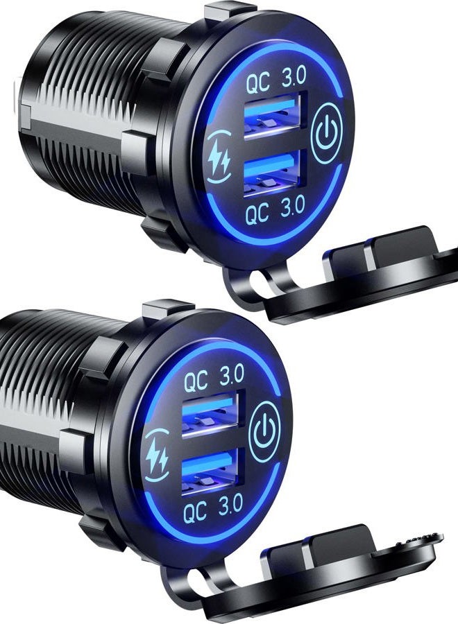 Kewig 【2Pack】 Quick Charge 3.0 Dual USB Charger Socket, Waterproof 36W USB Outlet Fast Charge with Touch Switch & Blue LED DIY Kit for 12V/24V Car Boat Marine ATV Bus Truck Golf - Image 1
