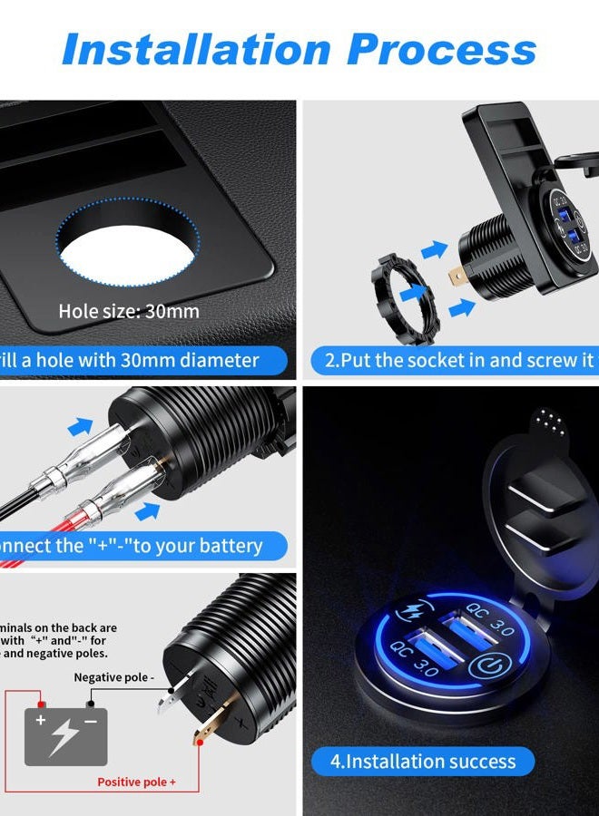 Kewig 【2Pack】 Quick Charge 3.0 Dual USB Charger Socket, Waterproof 36W USB Outlet Fast Charge with Touch Switch & Blue LED DIY Kit for 12V/24V Car Boat Marine ATV Bus Truck Golf - Image 5