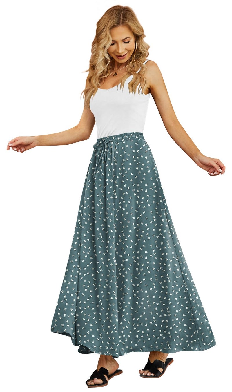Yincro Women's Flowy Maxi Skirt Summer Pleated High Waisted Casual Long Skirts with Pockets (Tulips Gray Green, M) - Image 1