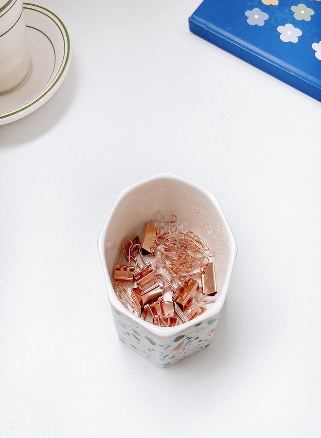 LEAZUL Ceramic Paper Clip Holder With Shiny Gold Line Marble Floral Paper Clip Dispenser for Desk Cute Flowers Paper Clip Organizer Office Binder Clip Holder Gift for Office (Teal Blue) - Image 4