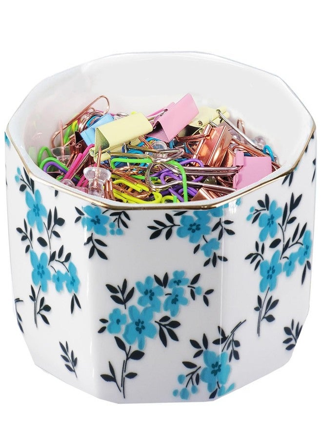LEAZUL Ceramic Paper Clip Holder With Shiny Gold Line Marble Floral Paper Clip Dispenser for Desk Cute Flowers Paper Clip Organizer Office Binder Clip Holder Gift for Office (Teal Blue) - Image 2