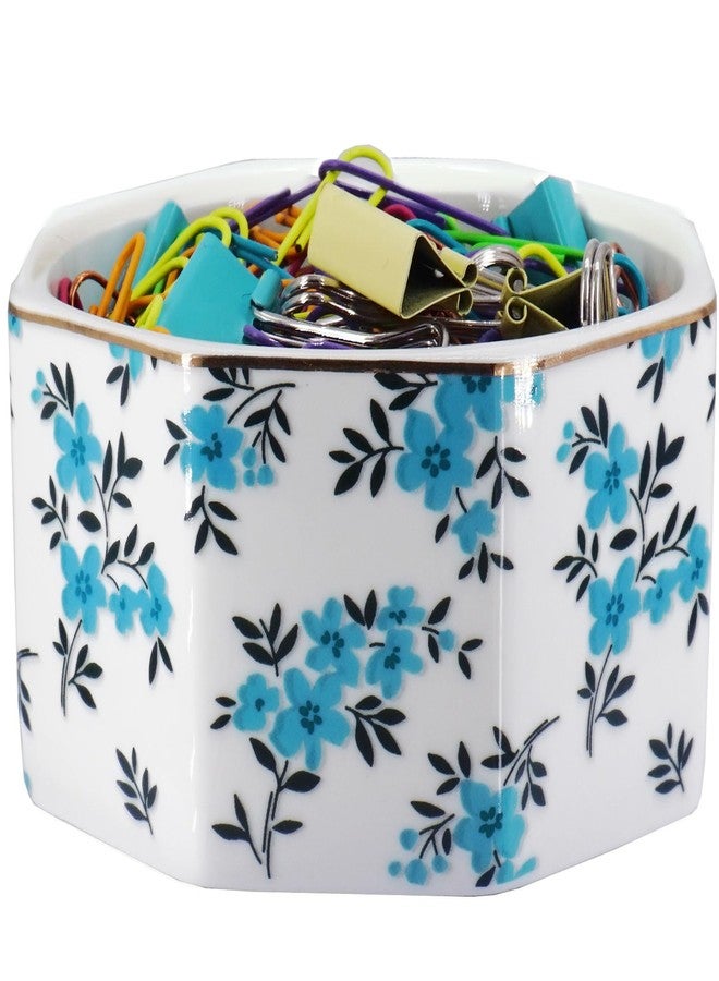 LEAZUL Ceramic Paper Clip Holder With Shiny Gold Line Marble Floral Paper Clip Dispenser for Desk Cute Flowers Paper Clip Organizer Office Binder Clip Holder Gift for Office (Teal Blue) - Image 1