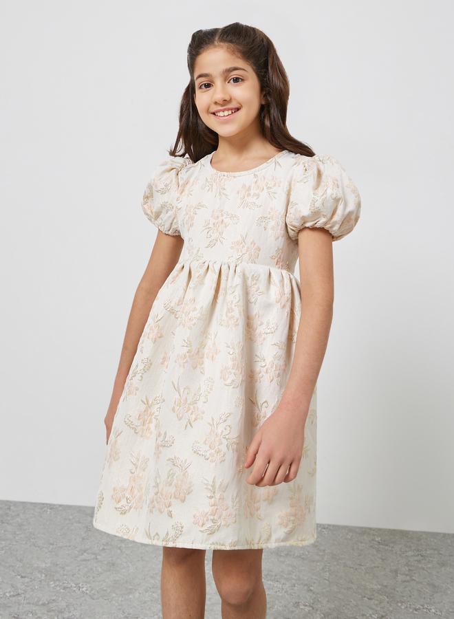 Styli Girls Gold Floral Jacquard A-Line Dress - Image 1
