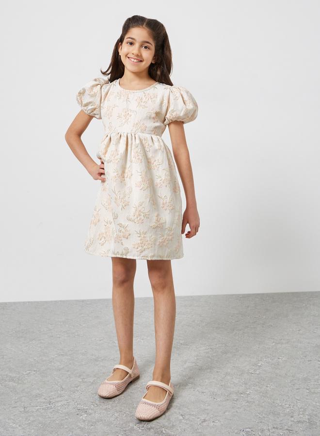 Styli Girls Gold Floral Jacquard A-Line Dress - Image 2