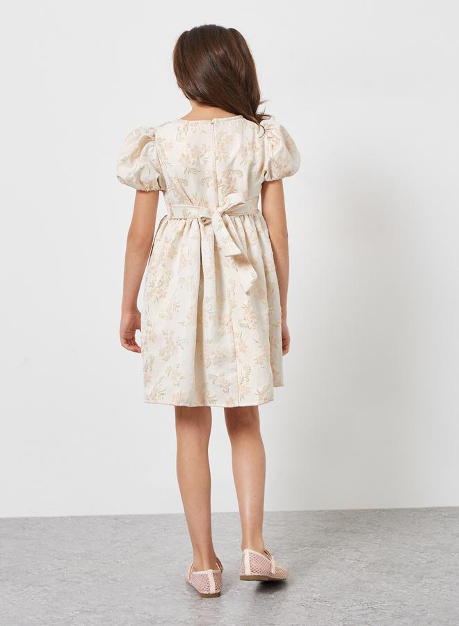 Styli Girls Gold Floral Jacquard A-Line Dress - Image 4