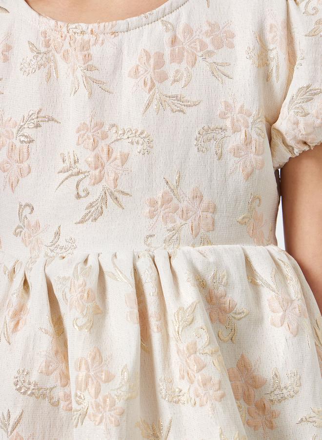Styli Girls Gold Floral Jacquard A-Line Dress - Image 3