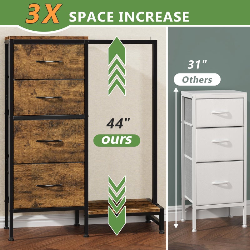 HIGDBFE Dresser with Hanging Rack, 4 Drawers Small Closet for Bedroom, Reversible Fabric Kids Chest of Drawers with Clothes Rack, Tall Storage Tower, Sturdy Frame, Rustic Brown, 44''H - Image 3