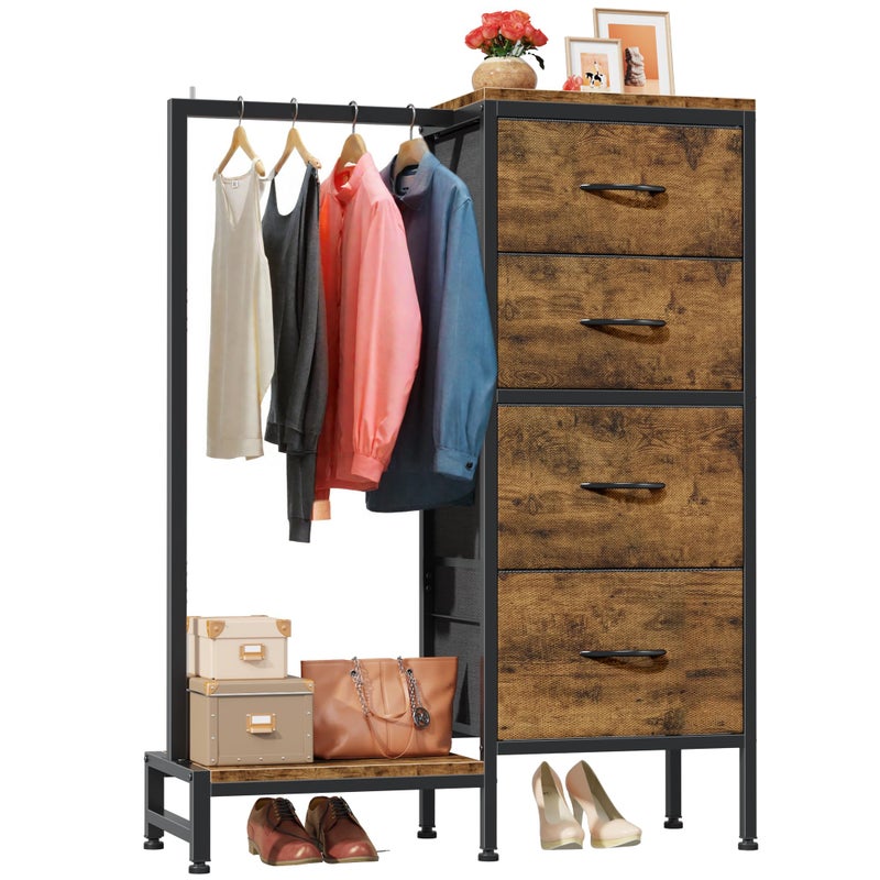 HIGDBFE Dresser with Hanging Rack, 4 Drawers Small Closet for Bedroom, Reversible Fabric Kids Chest of Drawers with Clothes Rack, Tall Storage Tower, Sturdy Frame, Rustic Brown, 44''H - Image 1