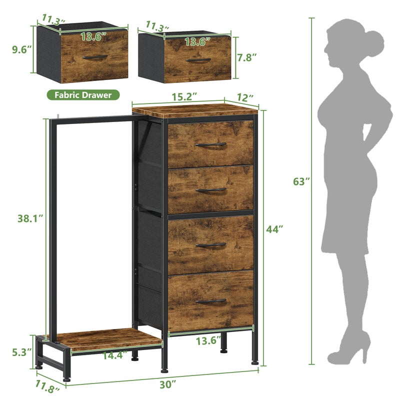HIGDBFE Dresser with Hanging Rack, 4 Drawers Small Closet for Bedroom, Reversible Fabric Kids Chest of Drawers with Clothes Rack, Tall Storage Tower, Sturdy Frame, Rustic Brown, 44''H - Image 2