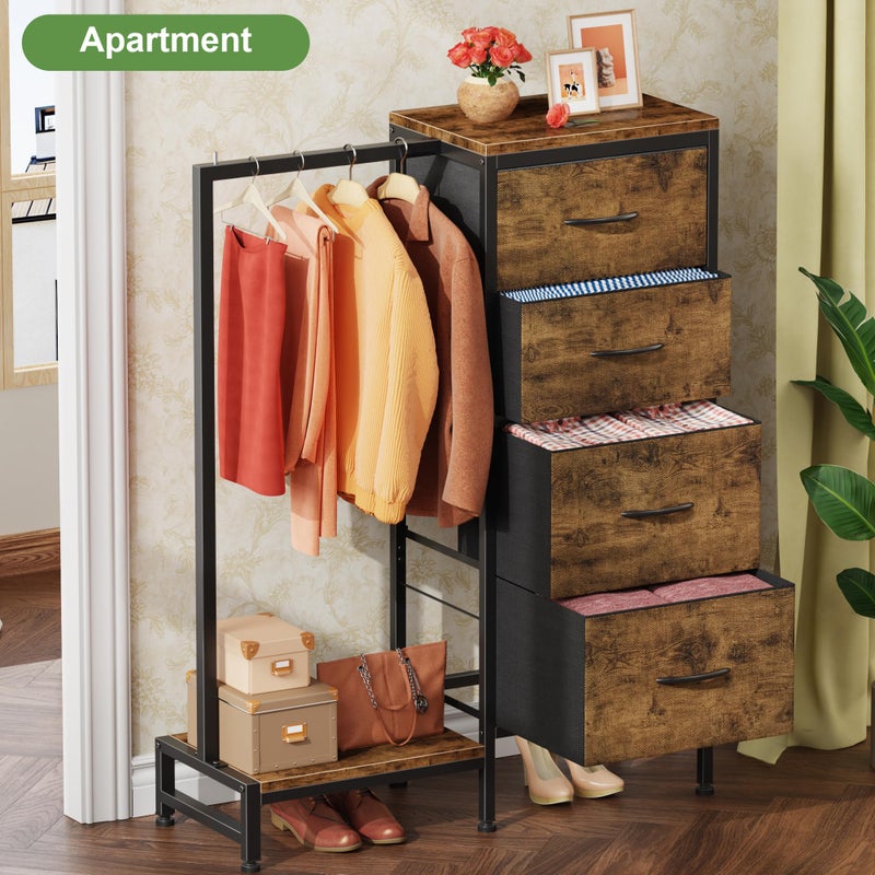 HIGDBFE Dresser with Hanging Rack, 4 Drawers Small Closet for Bedroom, Reversible Fabric Kids Chest of Drawers with Clothes Rack, Tall Storage Tower, Sturdy Frame, Rustic Brown, 44''H - Image 4