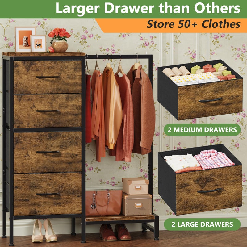 HIGDBFE Dresser with Hanging Rack, 4 Drawers Small Closet for Bedroom, Reversible Fabric Kids Chest of Drawers with Clothes Rack, Tall Storage Tower, Sturdy Frame, Rustic Brown, 44''H - Image 5