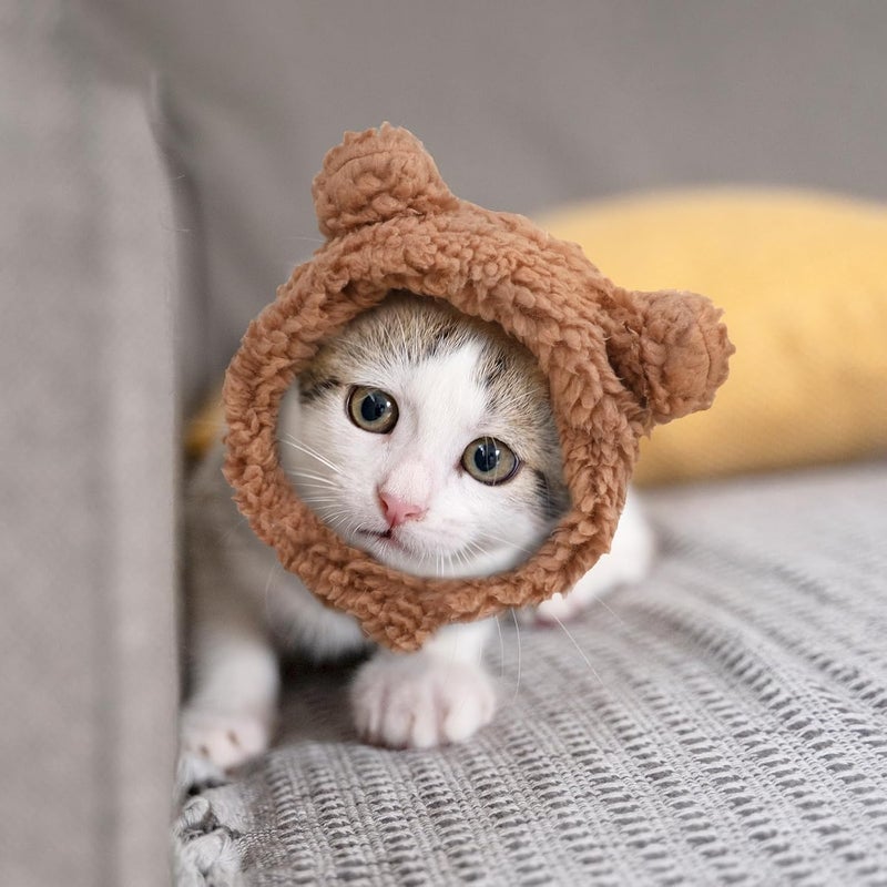 squishy Cat Hat, Dog Hat, Cat Costume Rabbit Ear Headwear for Christmas Cosplay, Soft Knit Warm Pet Accessory (Brown) - Image 2