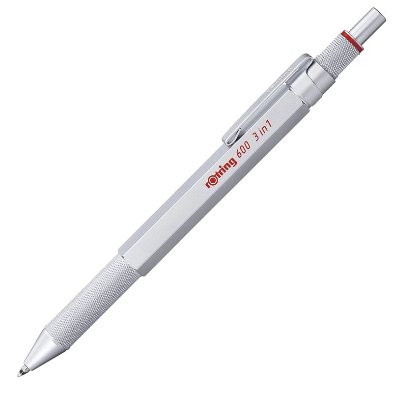 Rotring 600 3-in-1 Multicolor Pen and Mechanical Pencil, Switches Between 2 Ballpoint Pen Fine Point Tips (Black and Red Ink) and 1 Mechanical Pencil Tip (0.5mm Lead), Silver Barrel - Image 1