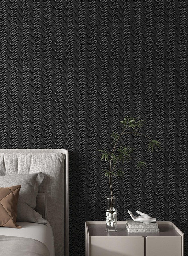 Decotalk Black Peel and Stick Wallpaper Textured Black Wallpaper for Bedroom17.7 x120 Weaving Grasscloth Wall Paper Textured Dark Contact Paper for Cabinets and Drawers - Image 1
