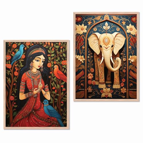 kotart - Madhubani Art Paintings with Frame for Home Decoration- Painting for Wall Decoration - Traditional Framed Painting for Living Room Bedroom Office Decor - Set of 2 (10X13 INCH, E) - Image 1