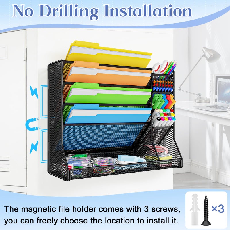 Jakyitvi Magnetic File Organizer 5-Tier, No Drilling Installation, Office Magnetic Paper Holder with R-shaped Tray, Wall Hanging File Organizer, Mail Organizer for Refrigerator & Whiteboard & File Cabinet - Image 4