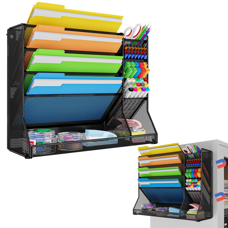 Jakyitvi Magnetic File Organizer 5-Tier, No Drilling Installation, Office Magnetic Paper Holder with R-shaped Tray, Wall Hanging File Organizer, Mail Organizer for Refrigerator & Whiteboard & File Cabinet - Image 1