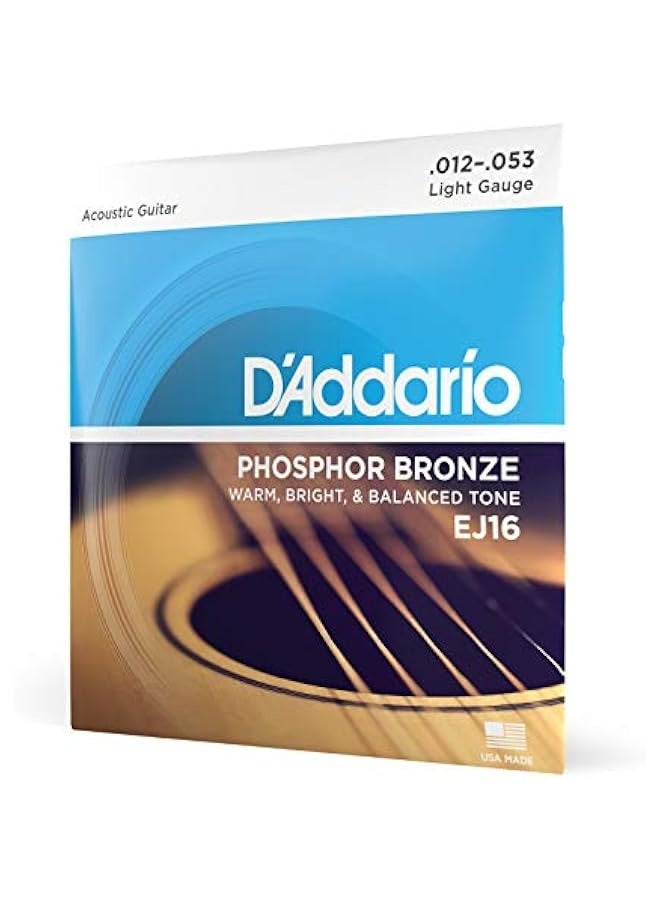د'اداريو خيوط الجيتار - خيوط جيتار صوتية من البرونز الفسفوري - EJ16 - طيف صوتي غني وكامل - لجيتارات 6 أوتار - 12-53 خفيفة - Image 1