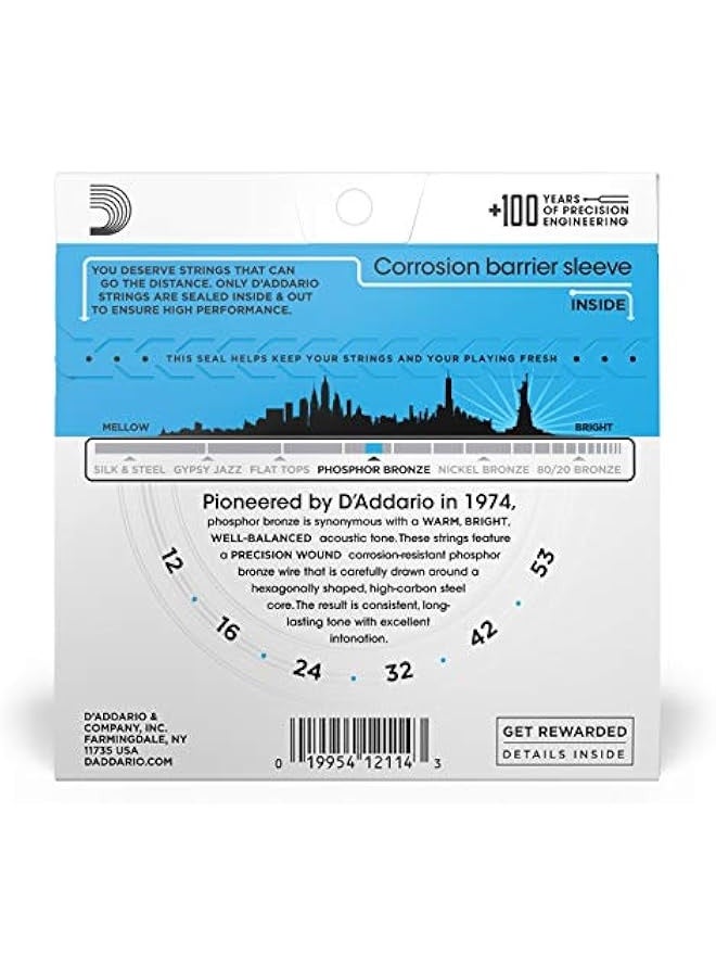 د'اداريو خيوط الجيتار - خيوط جيتار صوتية من البرونز الفسفوري - EJ16 - طيف صوتي غني وكامل - لجيتارات 6 أوتار - 12-53 خفيفة - Image 2