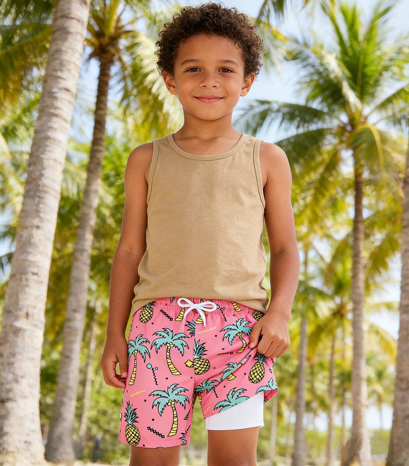ZenGents Boys Swim Trunks Size 8 Swimsuit Shorts Quick Dry Swimming Trunks Bathing Suit 2 in 1 Board Shorts Sports Beach Palmpineapple Pink - Image 3