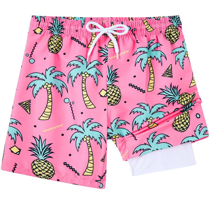 ZenGents Boys Swim Trunks Size 8 Swimsuit Shorts Quick Dry Swimming Trunks Bathing Suit 2 in 1 Board Shorts Sports Beach Palmpineapple Pink - Image 1