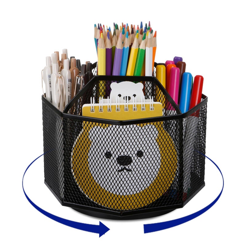 Comix 360 Rotating Pen Holder for Desk 5 Compartments Office Desk Organizer Black Mesh Metal Pencil Holder Cup for Office Home School - Image 2