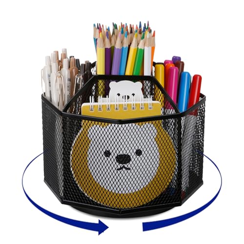 Comix 360 Rotating Pen Holder for Desk 5 Compartments Office Desk Organizer Black Mesh Metal Pencil Holder Cup for Office Home School - Image 1
