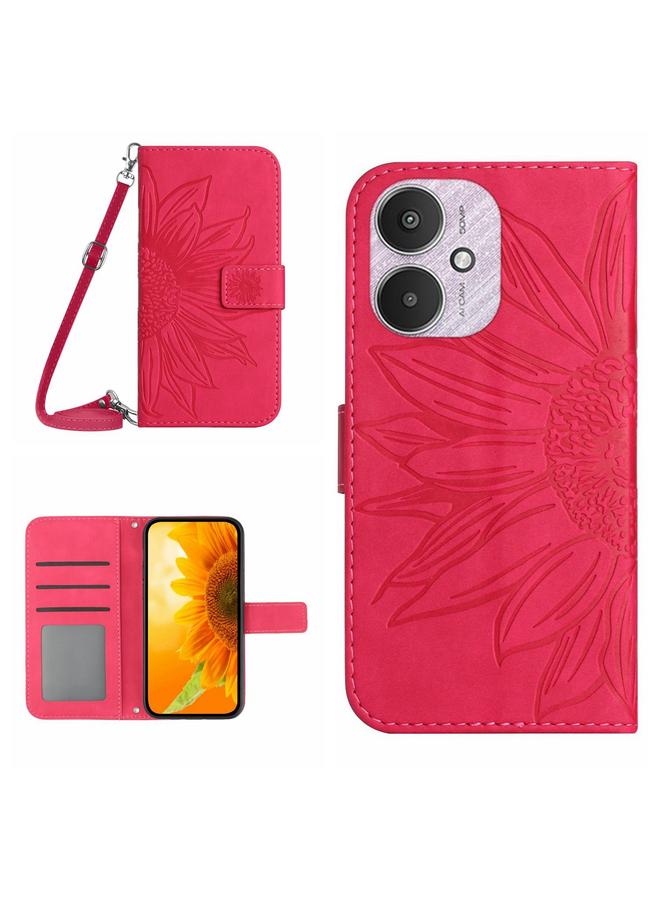 Green Tiger For Xiaomi Redmi 13C 5G Skin Feel Sun Flower Embossed Flip Leather Phone Case with Lanyard(Rose Red)