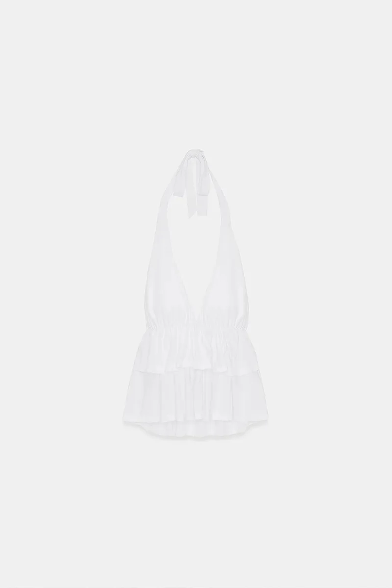Dilvin White DILVIN Halterneck Poplin Blouse With Ruffle Detail for Women | Best Price UAE