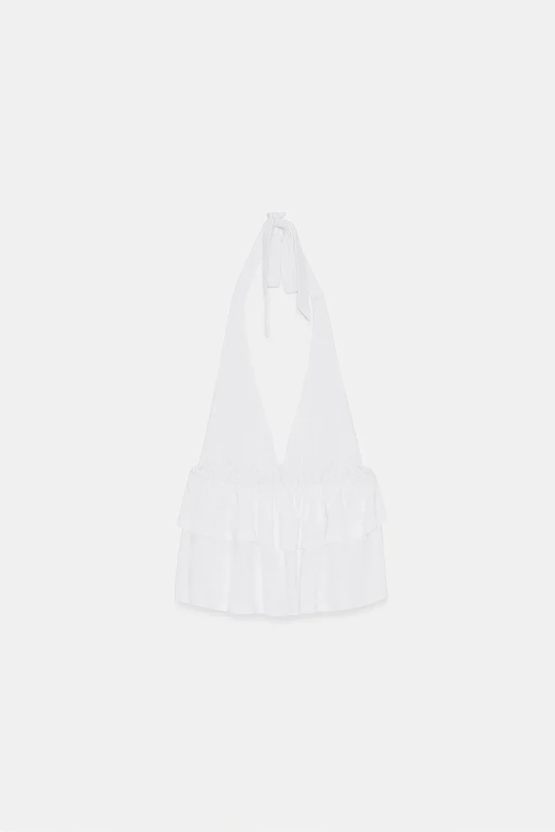 Dilvin White DILVIN Halterneck Poplin Blouse With Ruffle Detail for Women | Best Price UAE