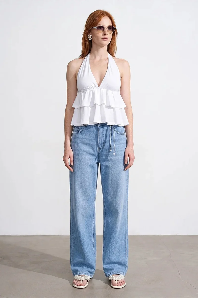 Dilvin White DILVIN Halterneck Poplin Blouse With Ruffle Detail for Women | Best Price UAE