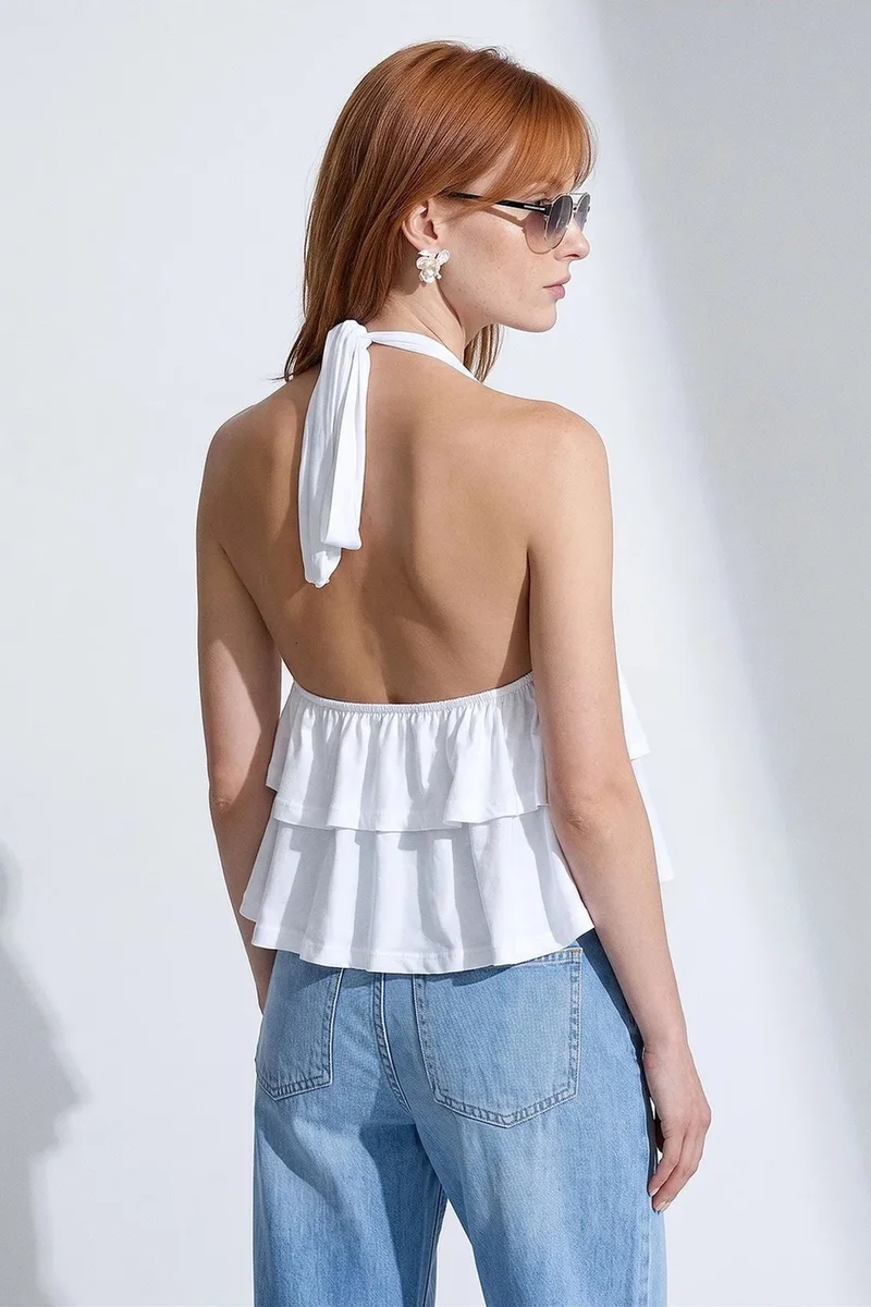 Dilvin White DILVIN Halterneck Poplin Blouse With Ruffle Detail for Women | Best Price UAE
