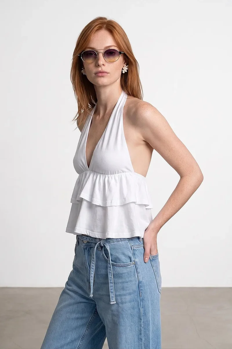 Dilvin White DILVIN Halterneck Poplin Blouse With Ruffle Detail for Women | Best Price UAE